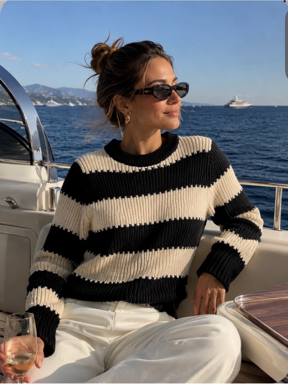 Sandro Black and Cream Wide-Stripe wool blend chunky Crew Sweater
